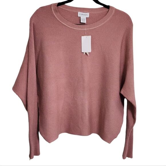 Carmen Marc Valvo pink ribbed long sleeve boxy top L NWT - Picture 1 of 4